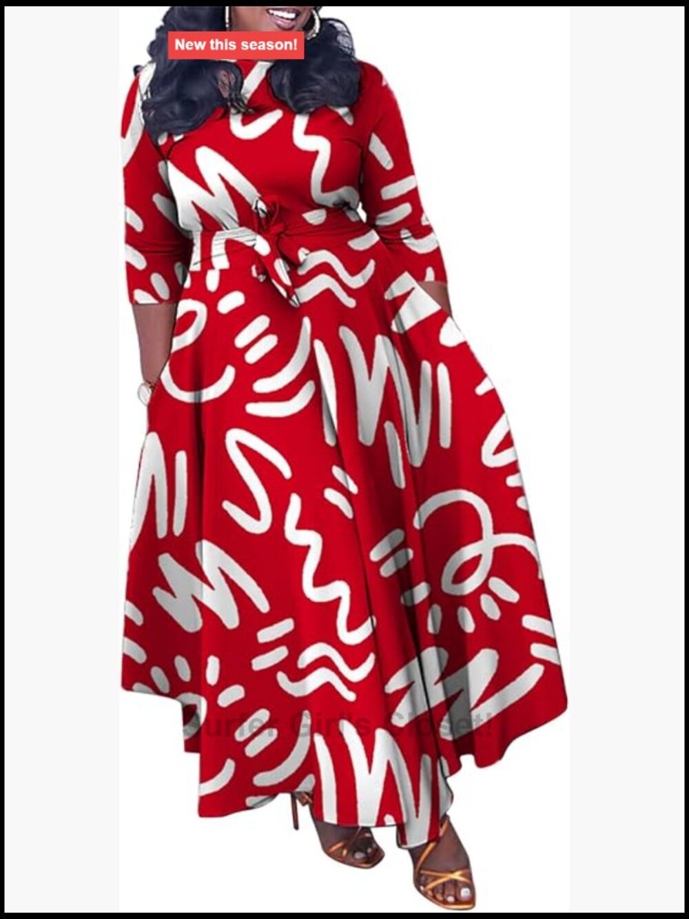 Plus Size Maxi Dress African Print 3/4 Sleeve Flowy Ruffle Long Dress with Belt